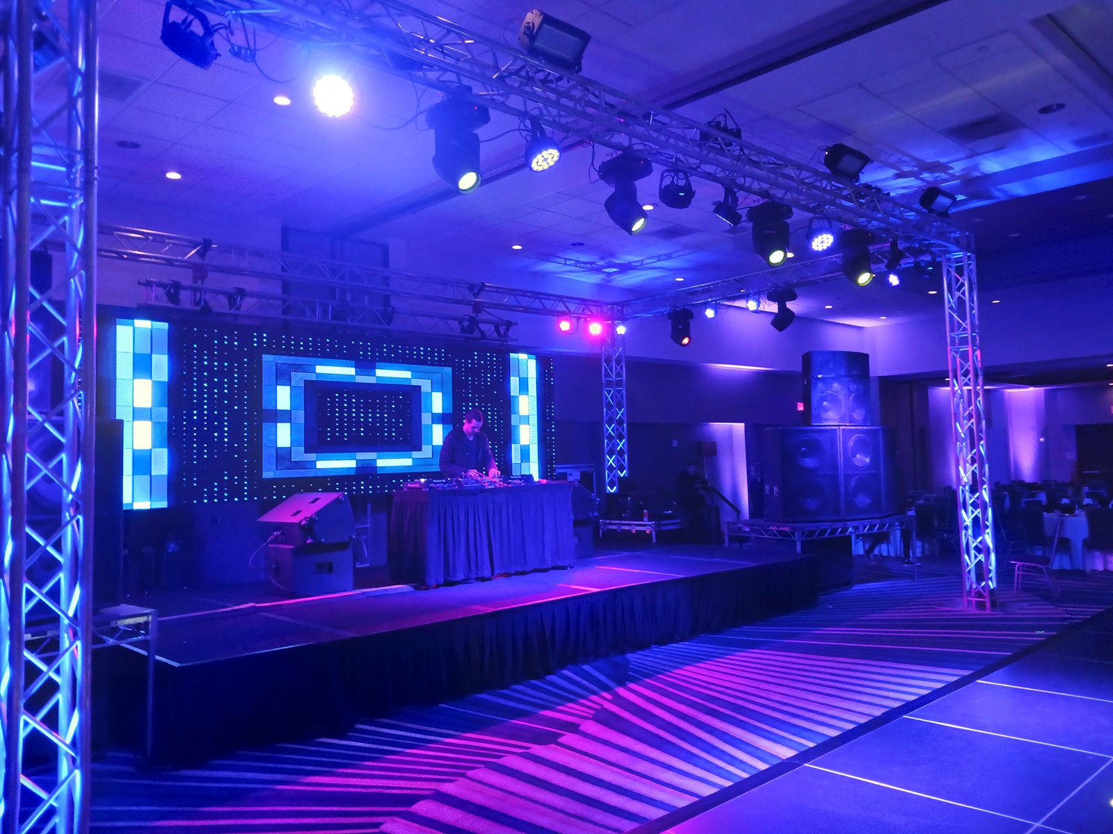 Professional dance floor and event lighting system with intelligent lighting and video wall
